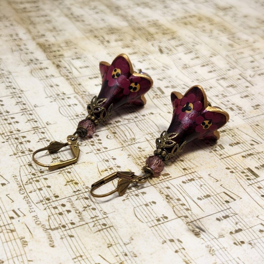 Raspberry Purple Hand Painted Lucite Magenta Flower Earrings, Crystal, Filigree